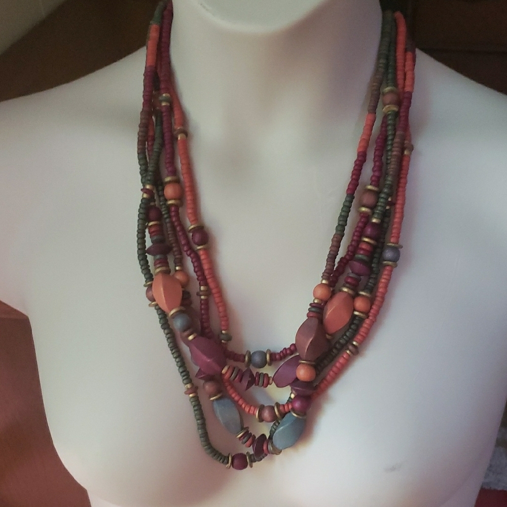 Beaded Solid String Style Layered Wooden Necklace… - image 2
